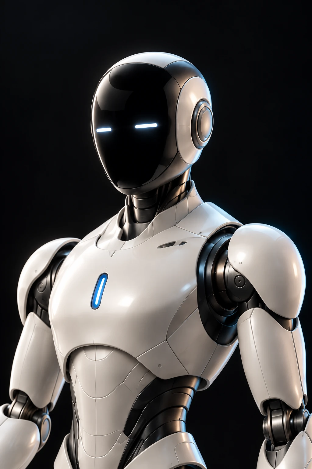 Max’s original smooth black-glass visor head, with two subtle sensor lights and no human facial features